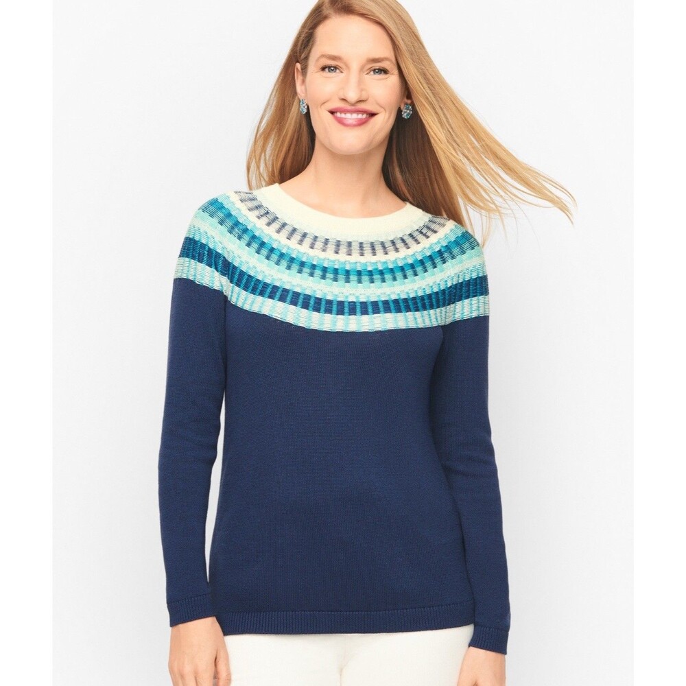 Talbots Petites Crewneck Sweater SP Cotton Blue Fair Isle Rib Knit Yoke NWT